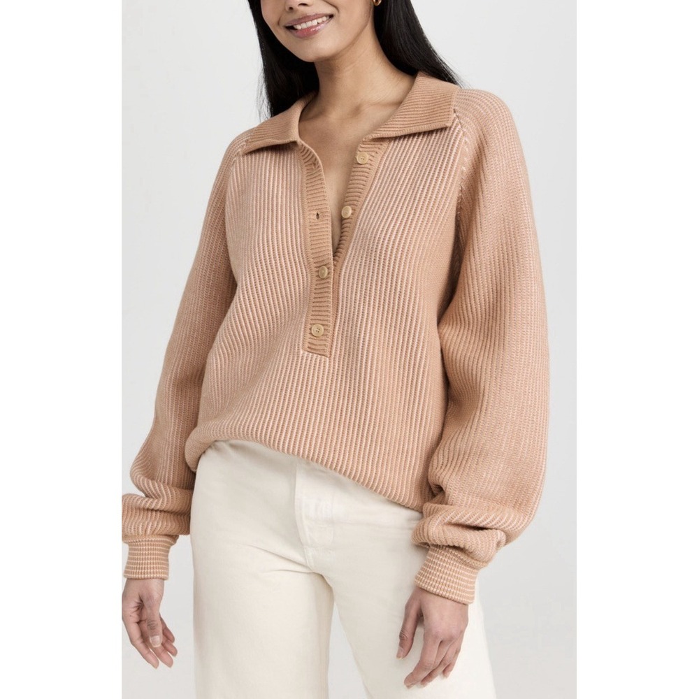 The‎ Upside Alana Knitted Sweater Womens M Tan Oversized Deep V Ribbed EUC